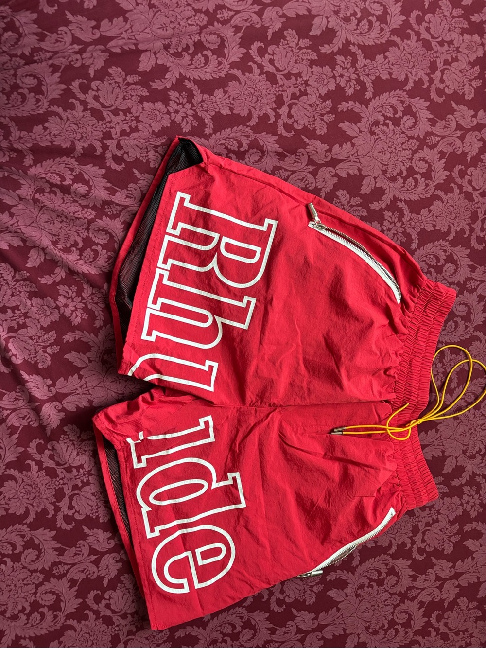 Rhude Red logo athletic  short Trunks Yellow Drawstring⁠